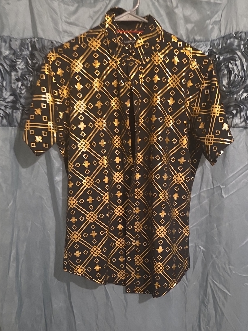 Men's Black Button-Down Shirt with Gold Geometric Print